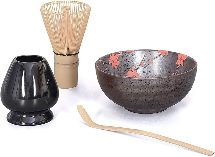 Matcha Starter Set 4-teilig, anthrazit/rot gesprenkelt, bestehend aus Matcha-Schale, Matcha-Löffel,