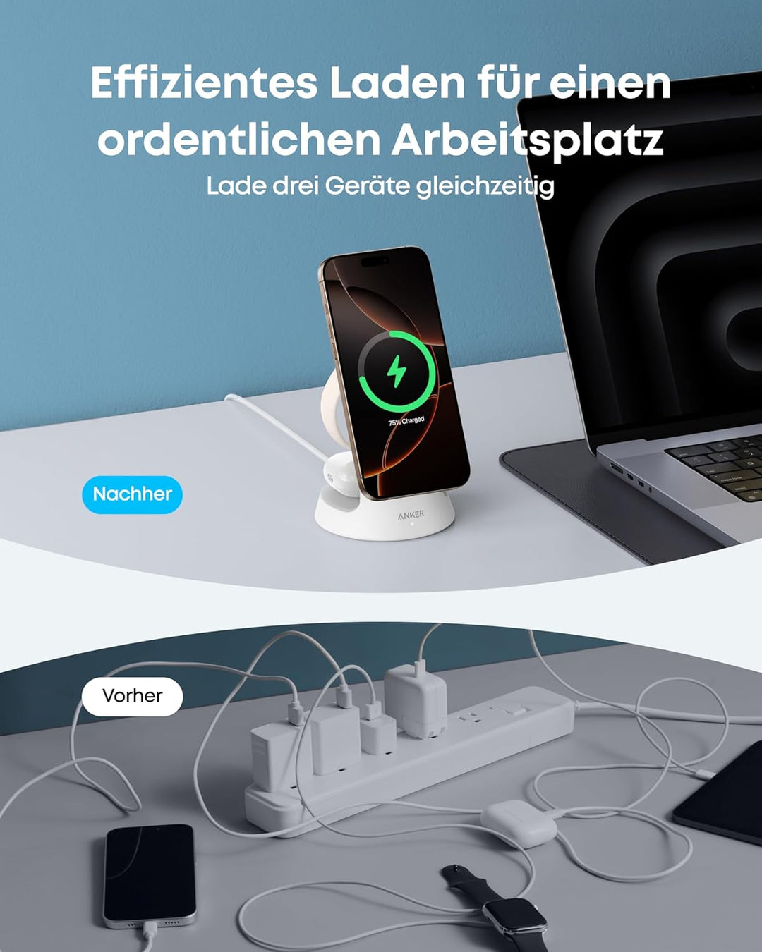 Anker MagGo 3-in-1 15W MagSafe kompatibles Ladegerät, iPhone Induktive Ladestation, Qi2-zertifiziert