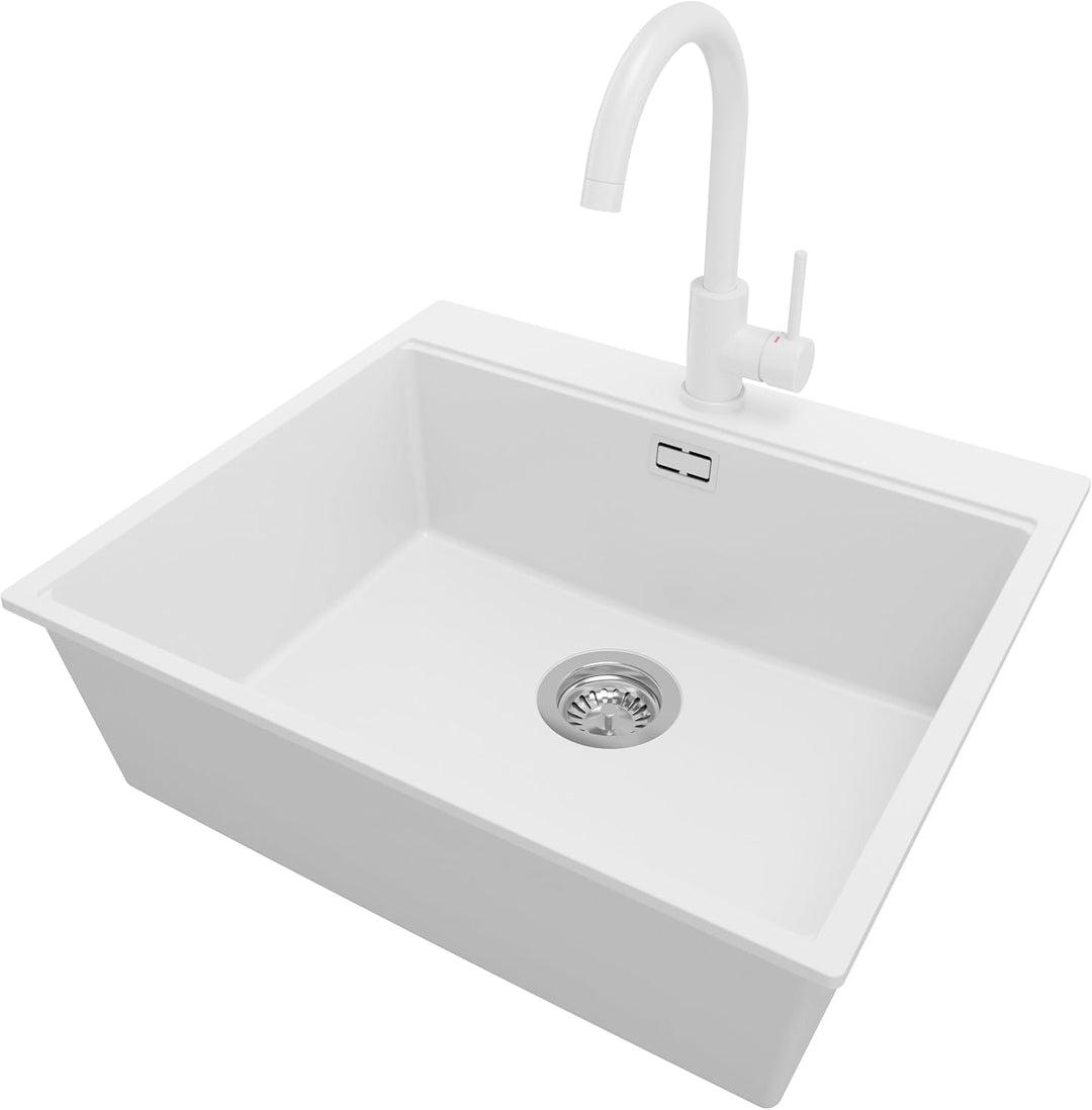 PRIMAGRAN Granitspüle Weiss 58x50cm, Spülbecken 1 Becken + Ablauf-Set + Küchenarmatur 32x20cm, Küche
