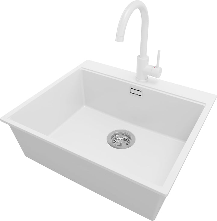PRIMAGRAN Granitspüle Weiss 58x50cm, Spülbecken 1 Becken + Ablauf-Set + Küchenarmatur 32x20cm, Küche