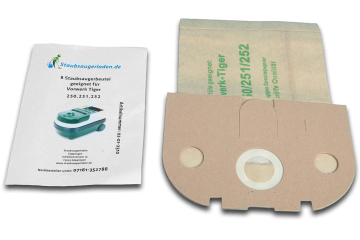 8 hochwertige Staubsaugerbeutel plus Filter passend für Vorwerk Tiger 250 251 252 - Inlusive Motorsc