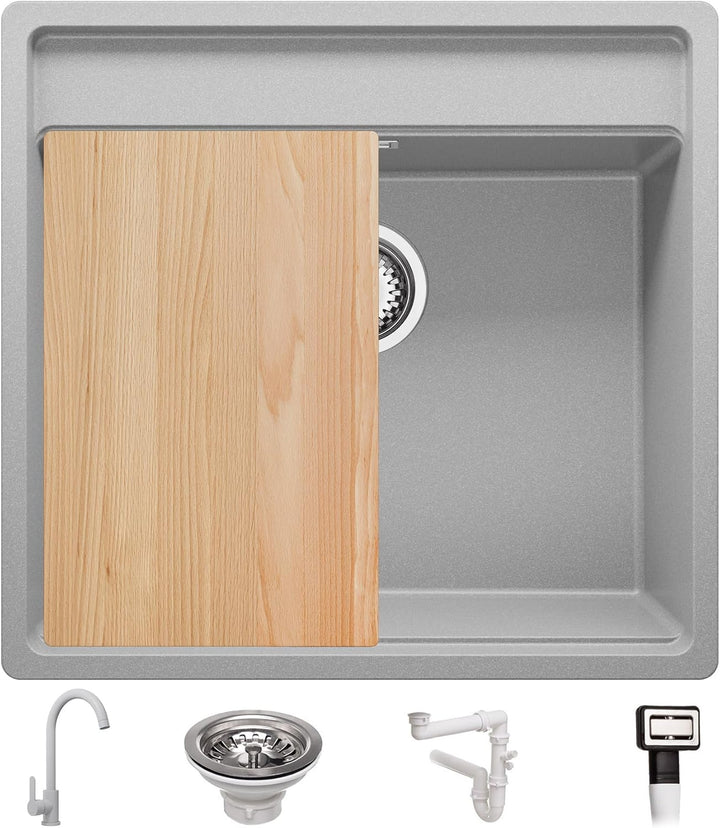 Unterbauspüle Granit Grau 56x53cm, Spülbecken 1 Becken + Ablauf-Set + Küchenarmatur + Schneidebrett,