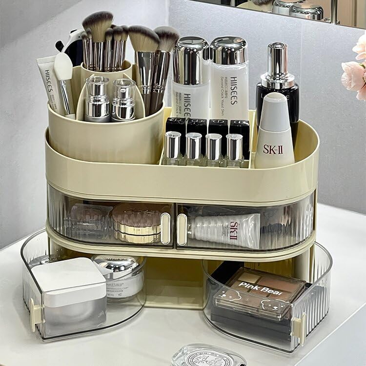 Make Up Kosmetik Organizer 360° Drehbar Mit Zwei Kleinen Schubladen für Schminktisch Schlafzimmer Ba