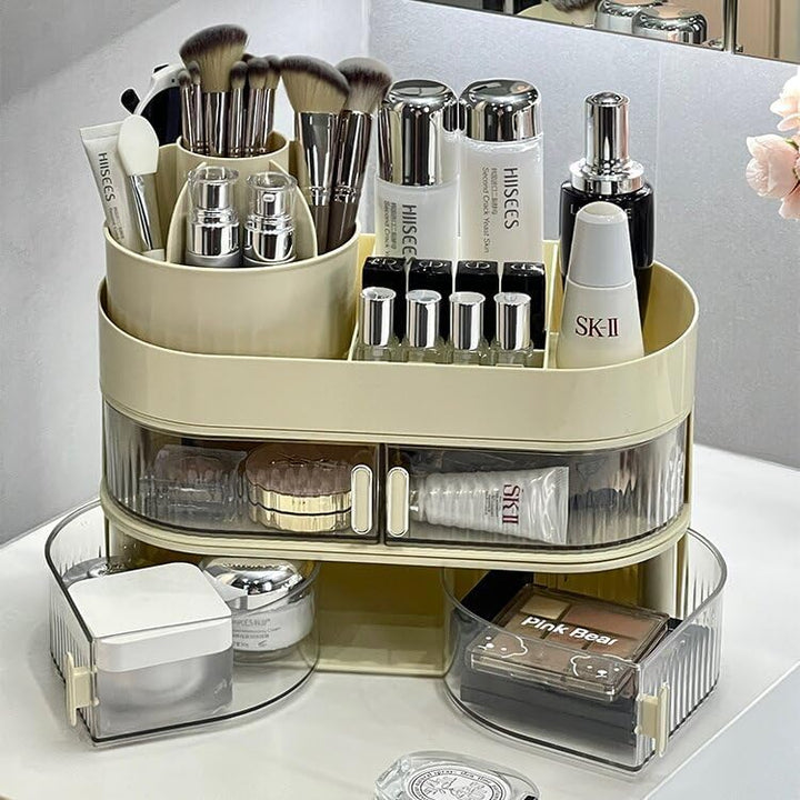 Make Up Kosmetik Organizer 360° Drehbar Mit Zwei Kleinen Schubladen für Schminktisch Schlafzimmer Ba