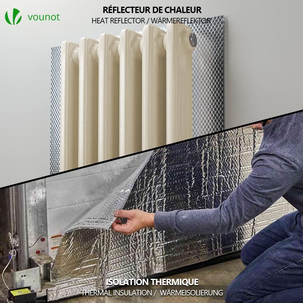 VOUNOT Isolierfolie Dämmfolie 20m x 122cm x 3.2mm, Doppelte Alu-Luftpolsterfolie Heizkörper Reflexio