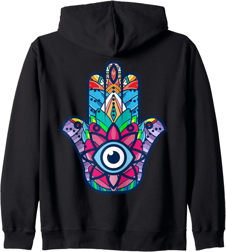 Buntes Nazar-Amulett, Hamsa-Symbol, blaues Blick, Ornament Kapuzenjacke