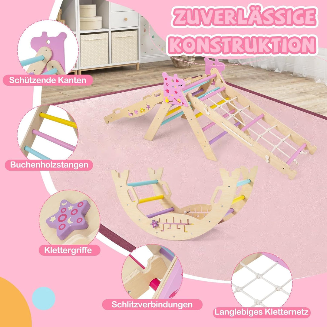 FANTASK 7 in 1 Klettergerüst Indoor, Kletterdreieck mit Rutsche, Kletterbogen, Netz, inkl. doppelsei
