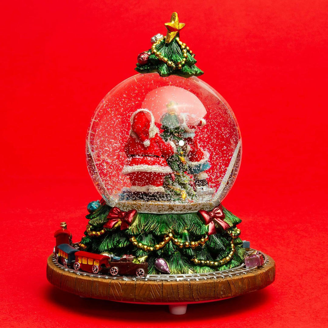 SIKORA SK18 Grosse Deko Glas Schneekugel Weihnachtsmann am Baum mit Stern und fahrendem Zug D:100mm