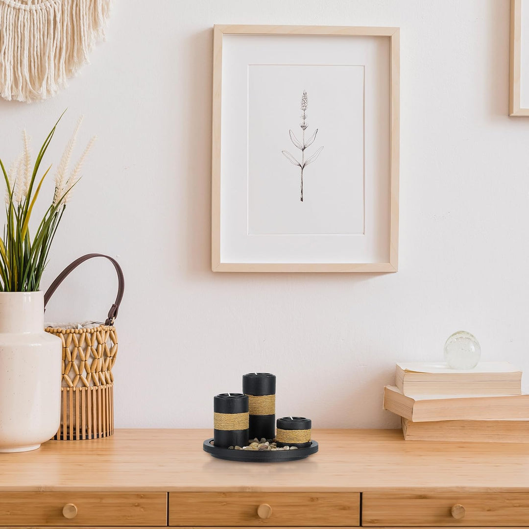 Relaxdays Teelichthalter Set mit Tablett & Steinen, Ø 19,5 cm, Tischdeko Wohn- & Esszimmer, Kerzenha