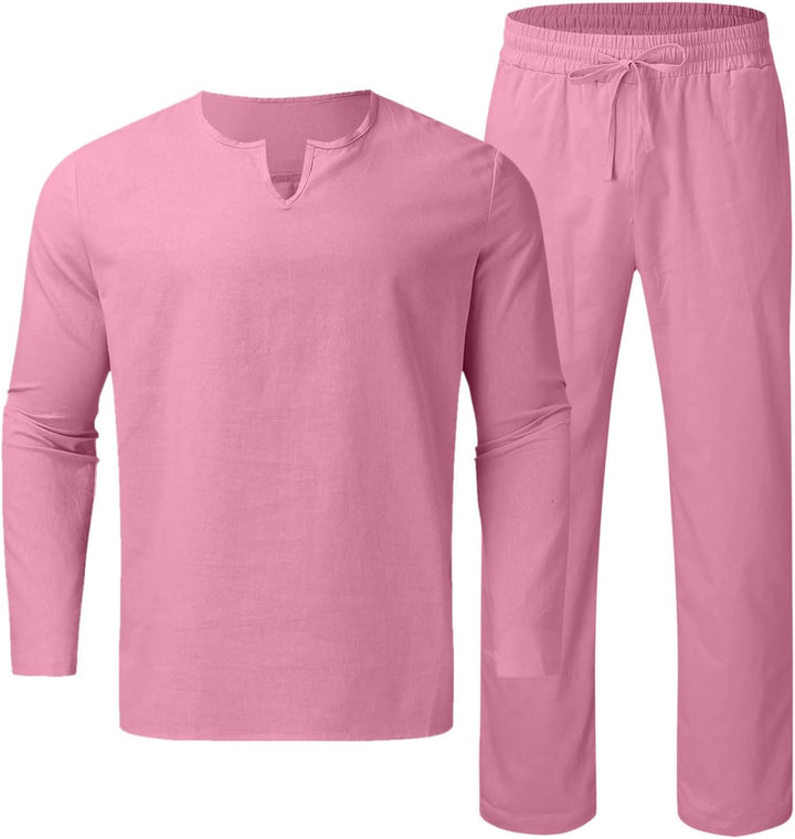 Duohropke Herren Leinenanzug Zweiteiler Sommer Freizeitanzug Leinen Hemd und Hose Männer Outfit Casu