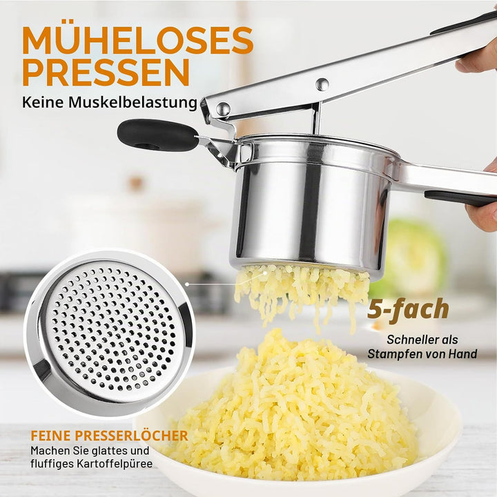 Kartoffelpresse aus Edelstahl 450 ml, robuster Kartoffelstampfer mit Feste Scheibe, Küchenhelfer für