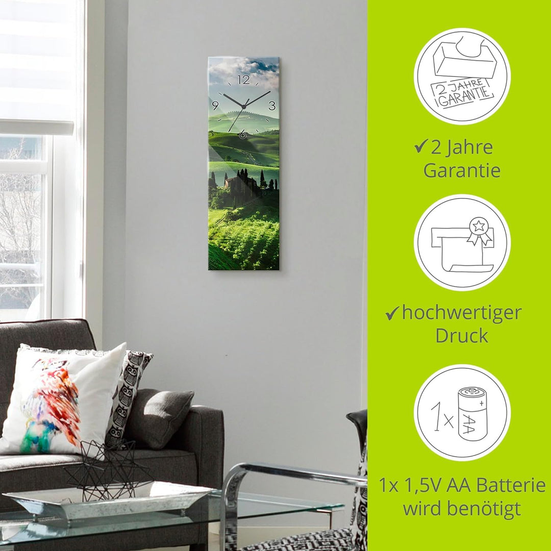 ARTLAND Wanduhr ohne Tickgeräusche Glas Funkuhr 20x60 cm Rechteckig Lautlos Toskana Natur Landschaft