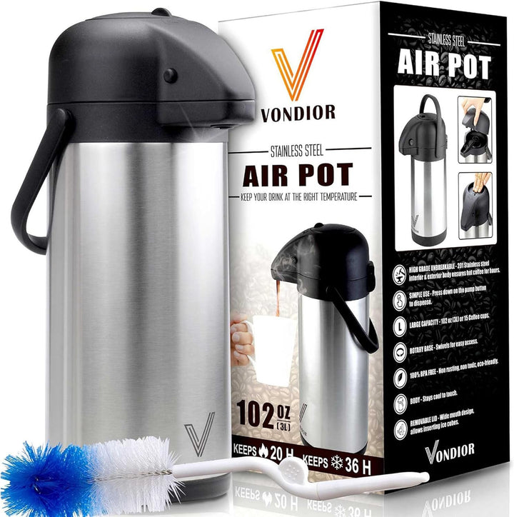 Vondior Airpot Pumpkanne - Professionelle isolierte Kaffeekaraffe aus Edelstahl, Thermoskanne, Therm