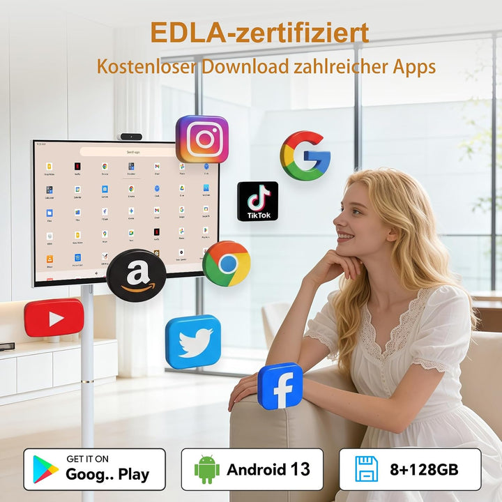 27 Zoll FHD Smart Portable TV | Touchscreen-Monitor auf Rädern | EDLA-Zertifiziert &amp; Android System