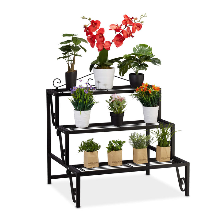 Relaxdays Blumentreppe Metall, 3 Stufen, Outdoor und Indoor, Pflanzentreppe mit Verzierung, HBT 69 x