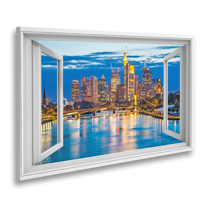 islandburner Bild auf Leinwand Fensterblick Schöne Aussicht auf die Skyline von Frankfurt am Main be