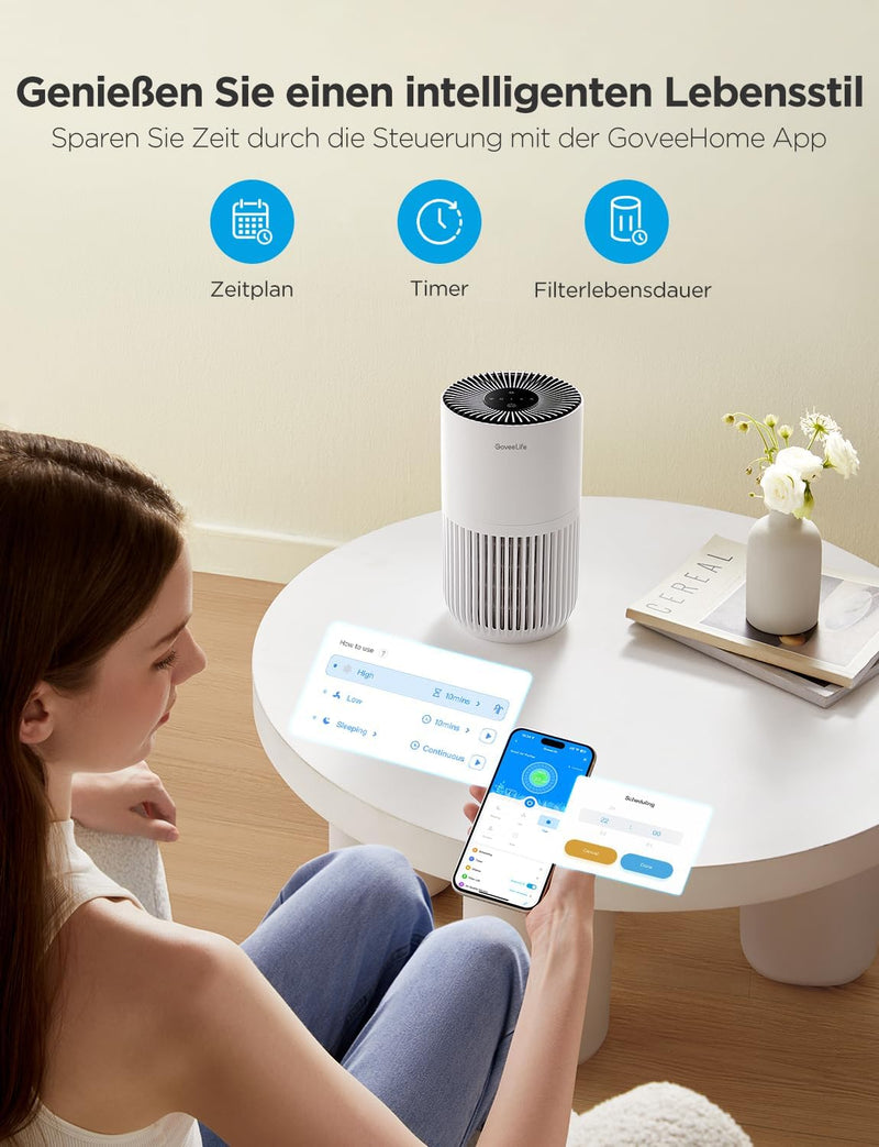 GoveeLife Mini-Luftreiniger für das Schlafzimmer, HEPA Smart Filter Luftreiniger mit Alexa App Steue