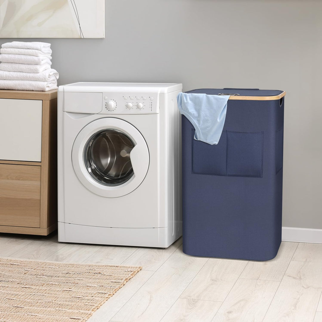 OUSFOT Wäschekorb mit Deckel 105L, Wäschesammler mit Griffen aus Bambus, Laundry Basket Wasserdicht