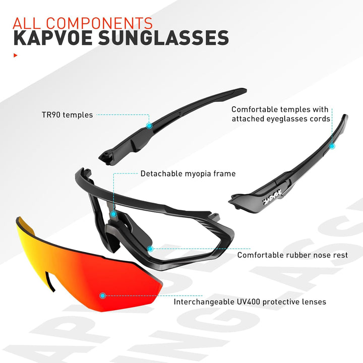 KAPVOE Polarisiert Fahrradbrille mit 1 Linse oder 5 austauschbare Linse TR90 Rahmen für Herren Damen