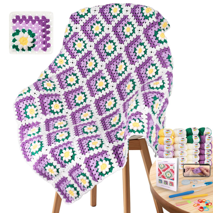 Coopay Granny Square Häkelset für Anfänger, Häkel Set für Gänseblümchen Decke 3D, Komplett Häkelset