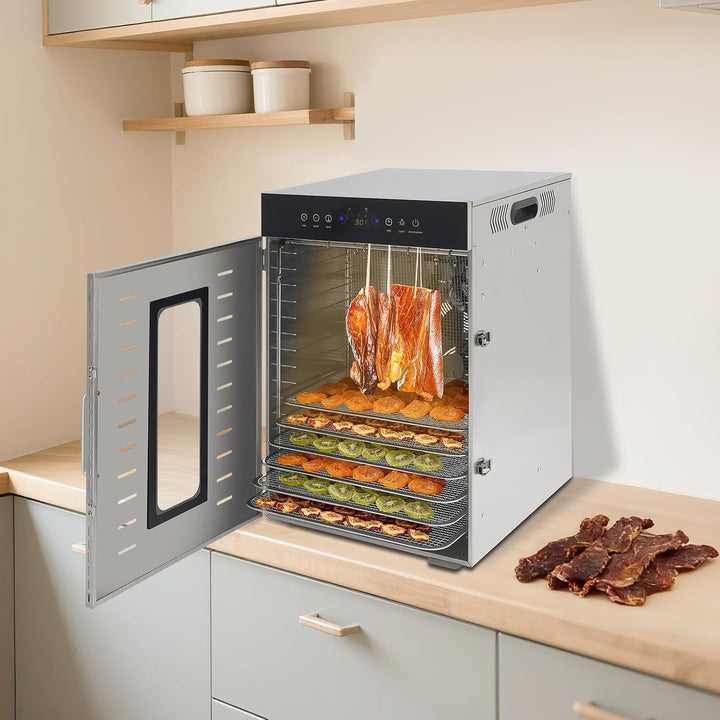 Dörrautomat Edelstahl Dehydrator Dörrautomaten - Flach Liegend &amp; Hängend | mit 16 Tabletts, 40 Haken