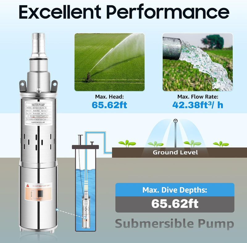 180 W Tauchpumpe DC 12 V Tiefbrunnenpumpe 1.2 m³/h Brunnenpumpe 20 m Rohrpumpe Solar Tauchpumpe Geei