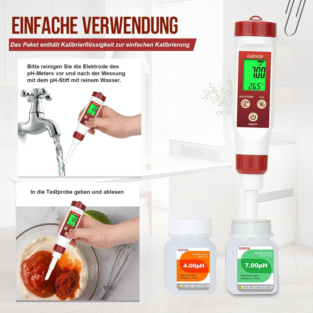 pH Messgerät für Lebensmittel,GIDIGI Digitaler pH-Tester für Lebensmittel, Präzise pH Testkits für K