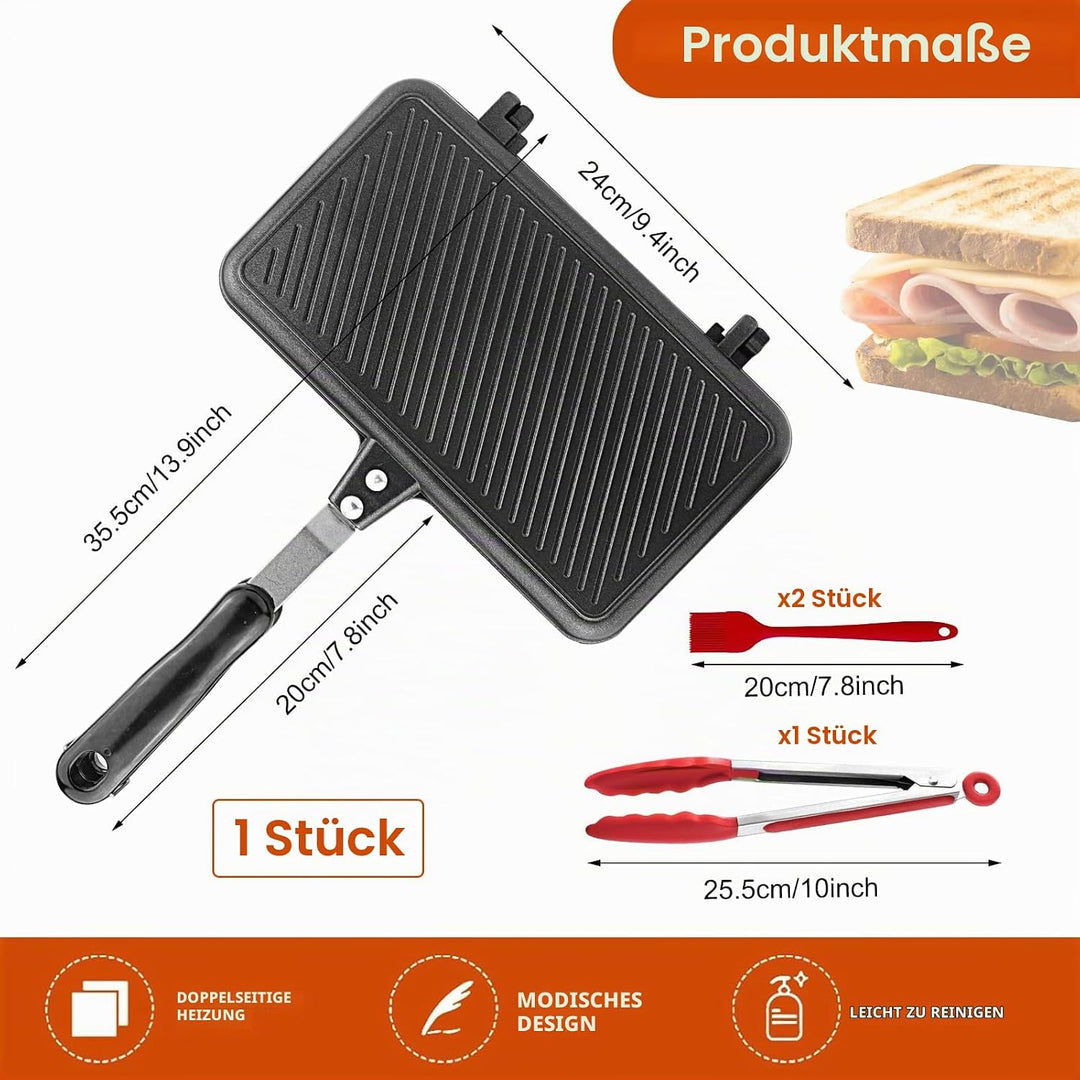 4 Stücke Doppelseitige Bratpfanne,Sandwich Maker mit 1 Küchenzange aus Edelstahl und 2 Silikonpinsel