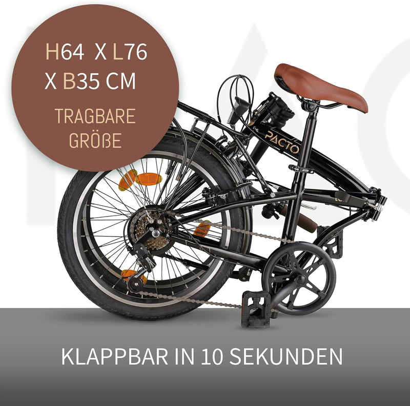 PACTO Ten Klapprad 20 Zoll mit Schnelles Faltsystem (10 Sek), Stahlrahmen, Leichtgewicht (16KG), Shi