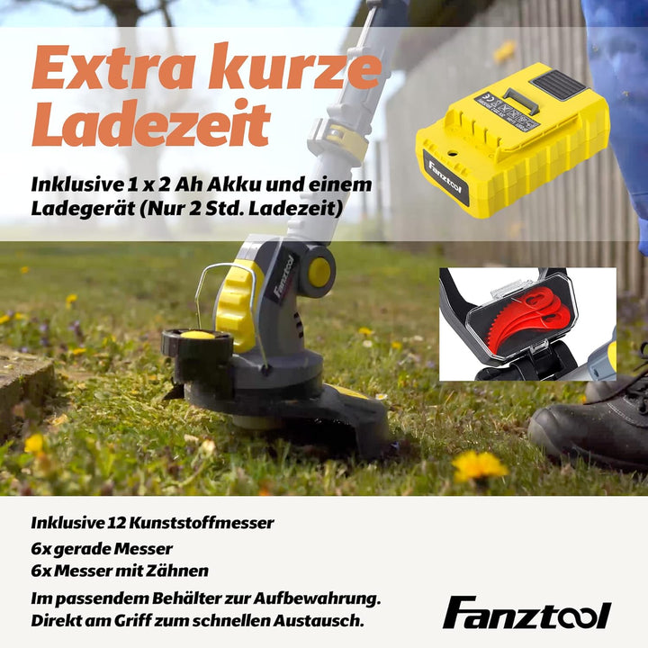 FANZTOOL Akku Rasentrimmer 20V, inkl. 2Ah Akku, Ladegerät, Gerade Messer für Glatt- und Feinschnitt