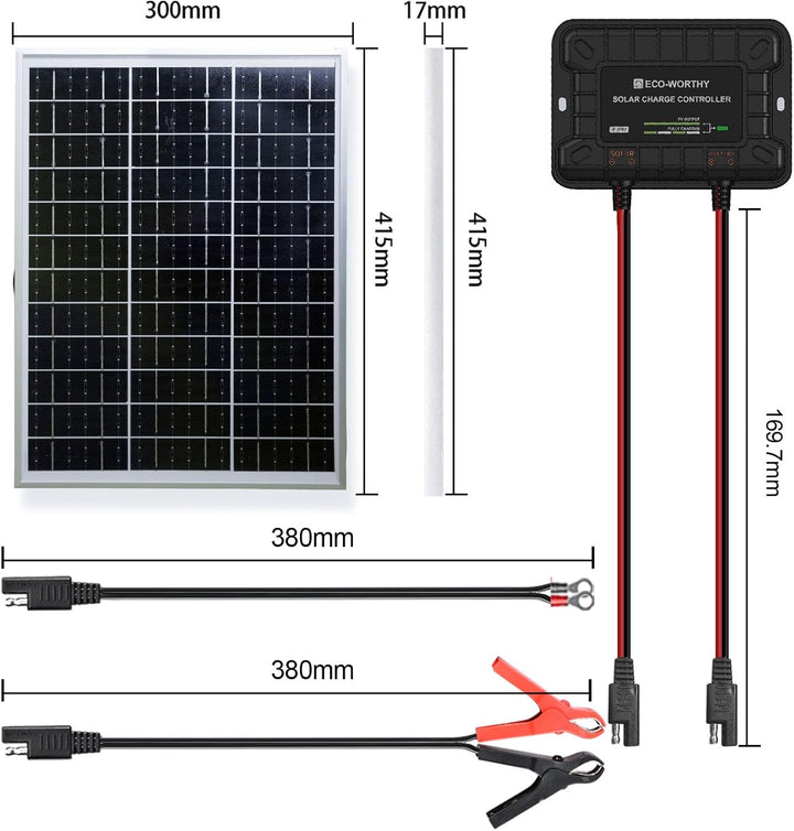 ECO-WORTHY 25W 12V Solar Batterieladegerät, 25W wasserdichtes Solarpanel Kit + verstellbare Halterun