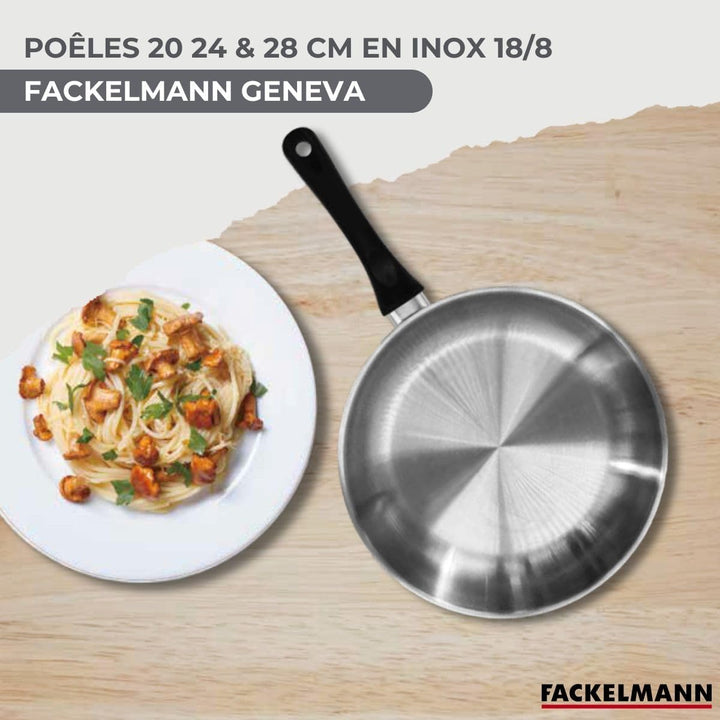 Fackelmann 9445950 Pfannen-Set, 3 Pfannen 20, 24 und 28 cm, aus Edelstahl 18/8, 2 Glasdeckel und 6 K