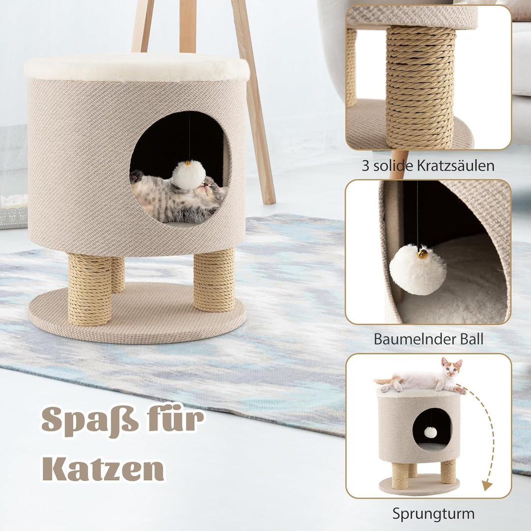 SOARS Kratztonne klein, Kratzbaum & Hocker, Katzenhöhle mit 3 Sisalstämmen & Spielball, Katzenbaum b