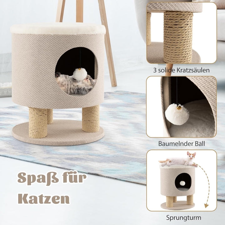 SOARS Kratztonne klein, Kratzbaum & Hocker, Katzenhöhle mit 3 Sisalstämmen & Spielball, Katzenbaum b