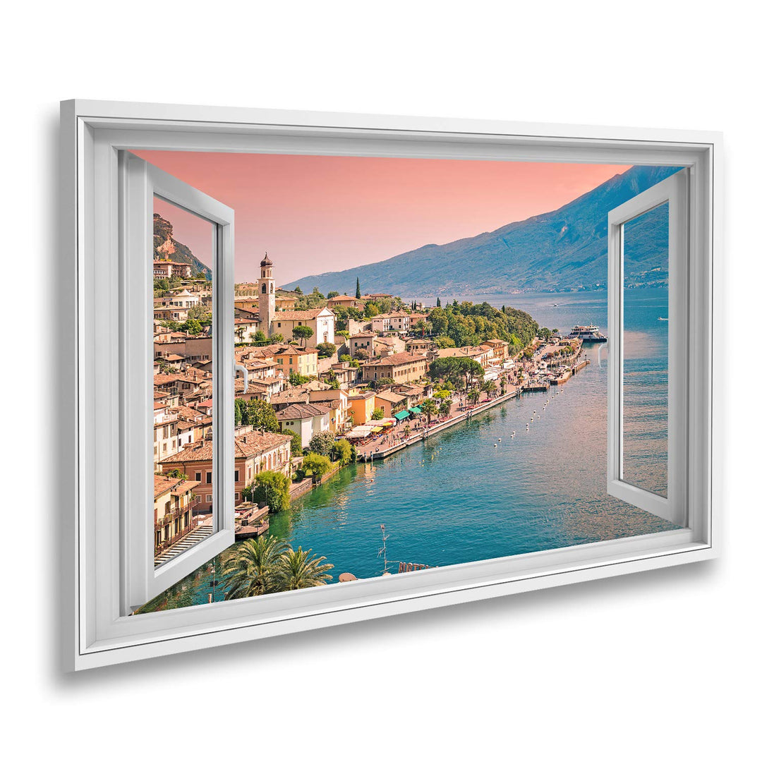 islandburner Bild auf Leinwand Fensterblick Panorama von Limone Sul Garda Eine Kleinstadt am Gardase