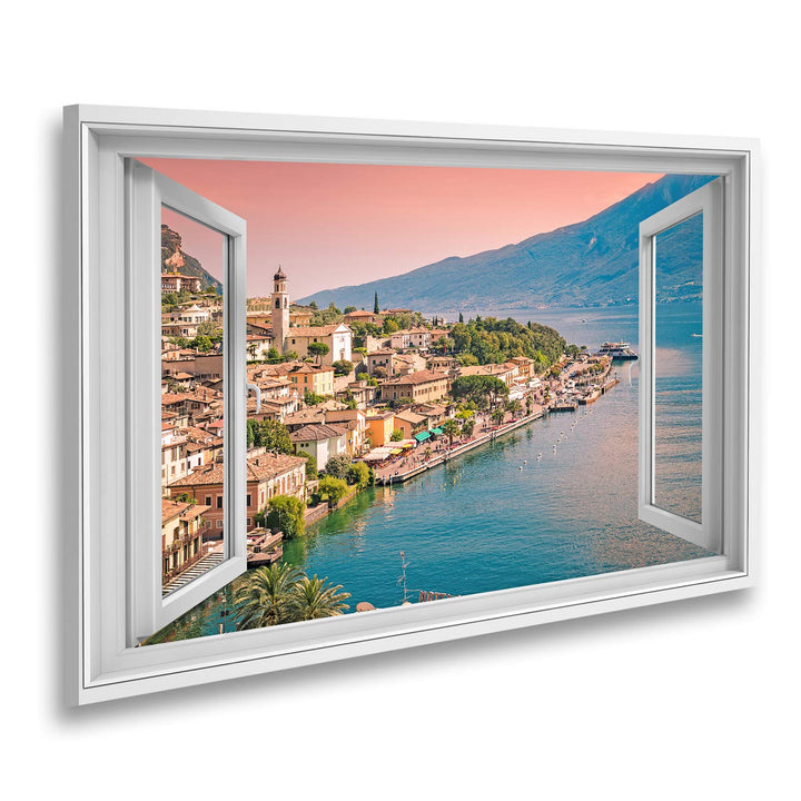 islandburner Bild auf Leinwand Fensterblick Panorama von Limone Sul Garda Eine Kleinstadt am Gardase