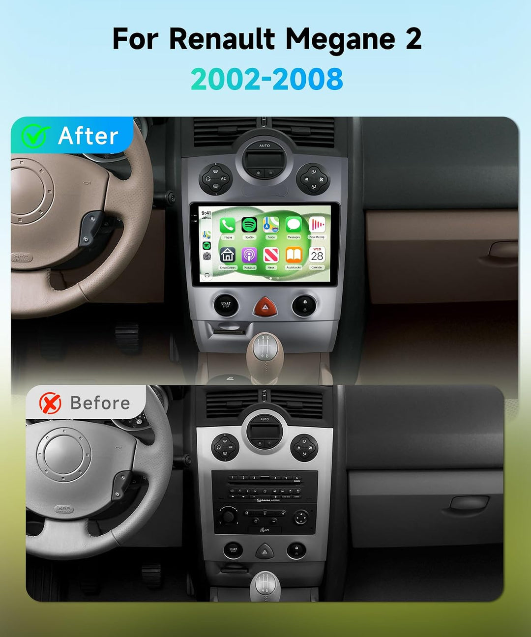 Rimoody 4G+128G Android Autoradio für Renault Megane 2 2002-2008 Wireless Carplay Android Auto, 9 Zo