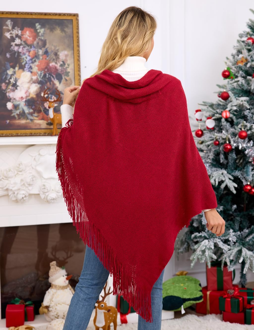 Ferand Damen Poncho Locker sitzender Cape Schal mit offener Vorderseite für Herbst und Winter Rot, R