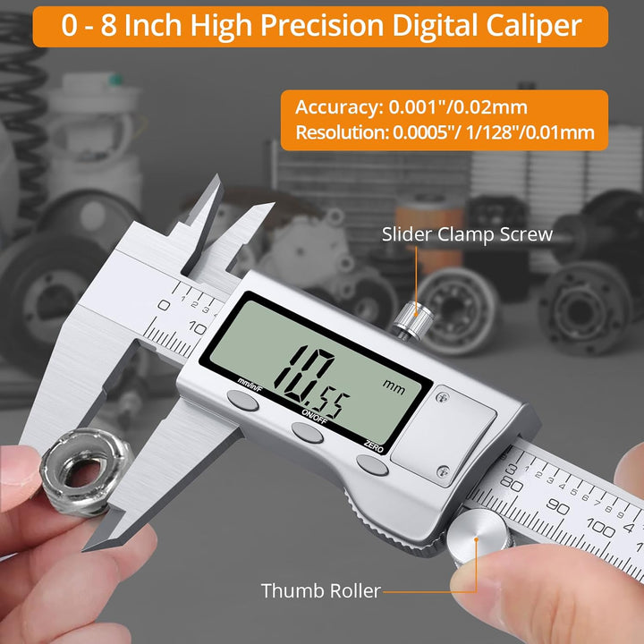 Neoteck Digital Messschieber 200 mm mit Fühlerlehre, LCD Display, Zoll/Metrik/Bruch, Messschieber El