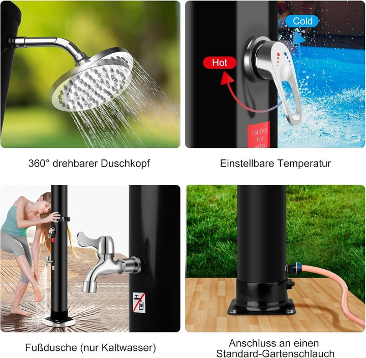 Solar Gartendusche 35Liter -Solardusche mit 360° Drehbarem Duschkopf und Fusshahn, Einstellbare Temp