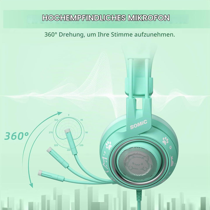 Somic G951S Green Gaming Headset mit Mikrofon für PS4, PS5, Xbox One, PC, Cat Ear Kopfhörer über Ohr