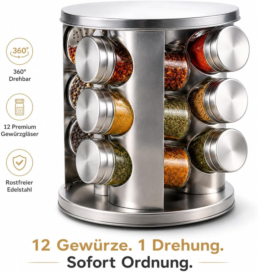 Gewürzregal Set- 12 Gewürzgläser Edelstahl - 360° drehbarer Gewürzständer für Küche -Gewürzkarussell
