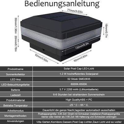 FVTLED 1er Solar Zaunbeleuchtung Pfostenkappe für Mehrere Grössen 7x7,8x8,9x9,10x10 Standardpfosten