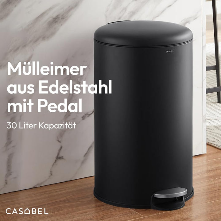 CASABEL runder Küchenabfalleimer 30L, Edelstahl, schwarz 30 liters Schwarz, 30 liters Schwarz