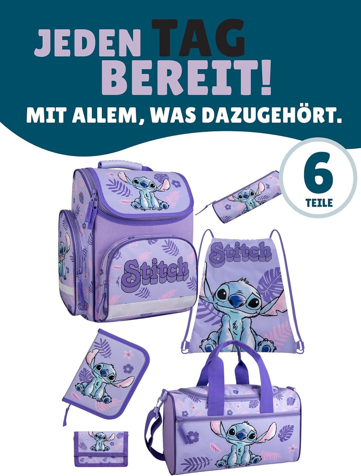Familando - Schulranzen Set - 6-teilig mit Sporttasche - Disneys Lilo und Stitch - Ergonomisch, stab