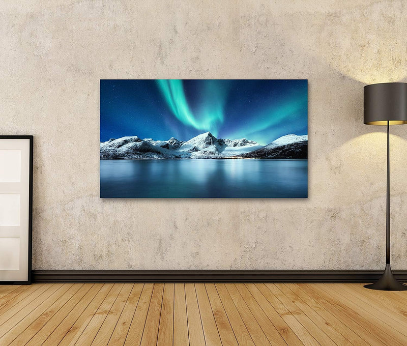 islandburner Bild auf Leinwand Aurora Borealis Lofoten Inseln Norwegen Nordlichter Berge Reflexion W