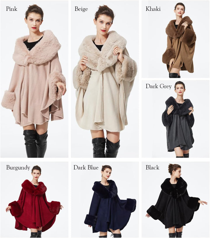 BEAUTELICATE Kunstpelz Poncho Stola Damen Umhang Cape Herbst Strickjacke Winter Mantel Mit Kunstfell