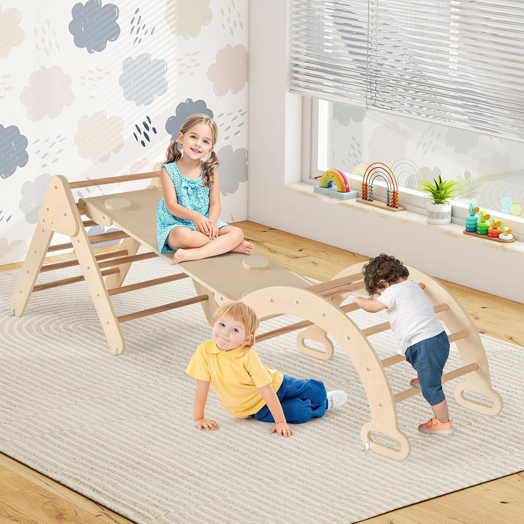 GOPLUS Klettergerüst Indoor, 4 in 1 Kletterdreieck & Kletterbogen & Leiter & Rutsche, Sprossendreiec