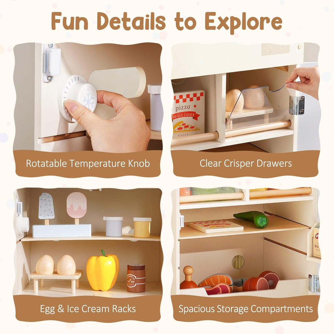 ROBUD Holzspielzeug-Kühlschrank-Set, Rollenspiel-Kühlschrank für Kinder mit Tafel, Gefrierfach, Kühl