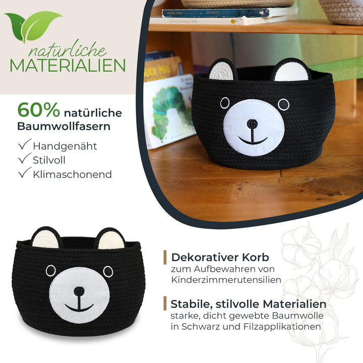 HMF Aufbewahrungskorb mit versteckten Griffen, Korb für Kinderzimmer aus Baumwolle | Bär | 30 x 24 c
